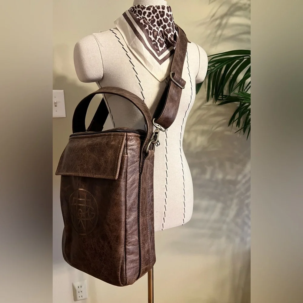 Brown Leather Crossbody Bag | Chill n Go 2 Bottle Carrier | Insulated | Brown